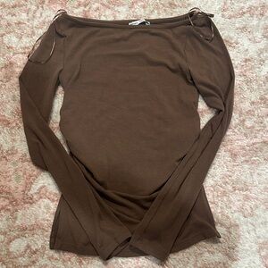 Bershka Brown Long Sleeve Off-Shoulder Top